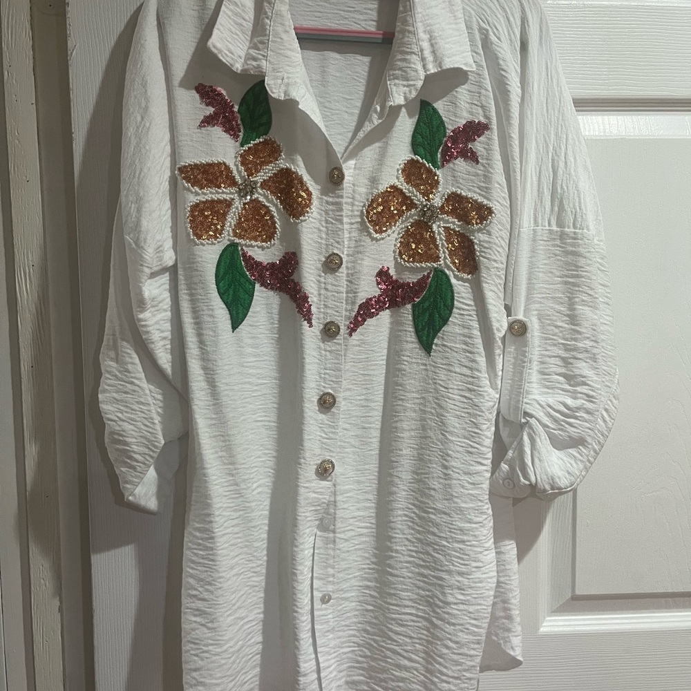 SHEIN White Button Down Shirt with Floral Embroidery